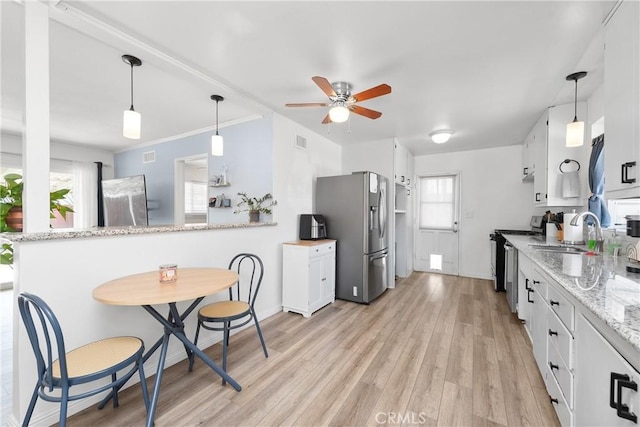 kitchen featuring white cabinetry, sink, stainless steel appliances, and kitchen peninsula