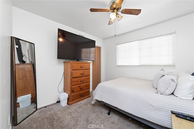 bedroom with light colored carpet and ceiling fan