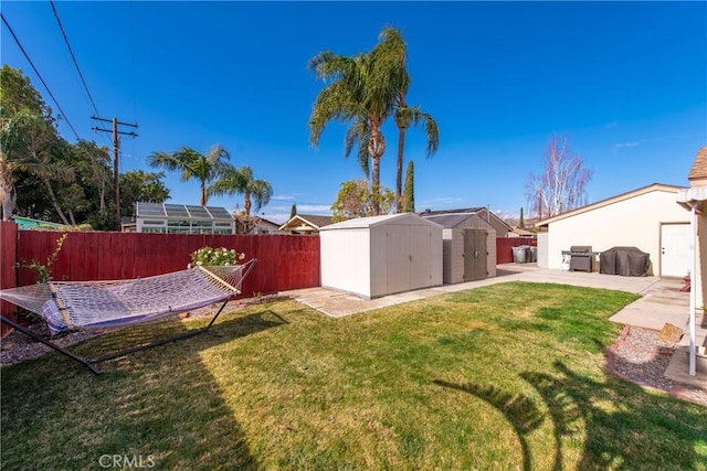 view of yard with a patio area and a storage shed