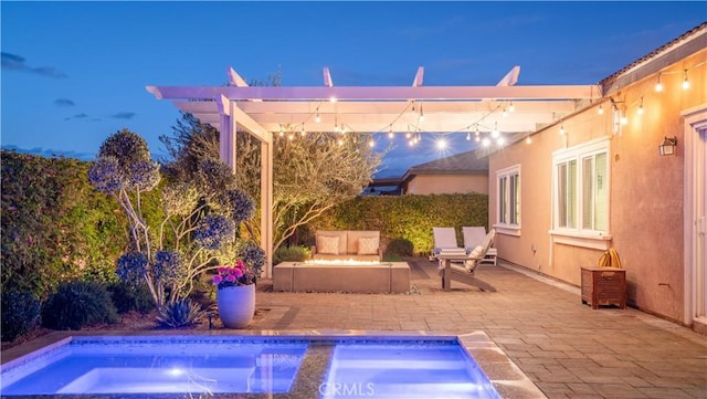 pool at dusk with a patio area and a pergola