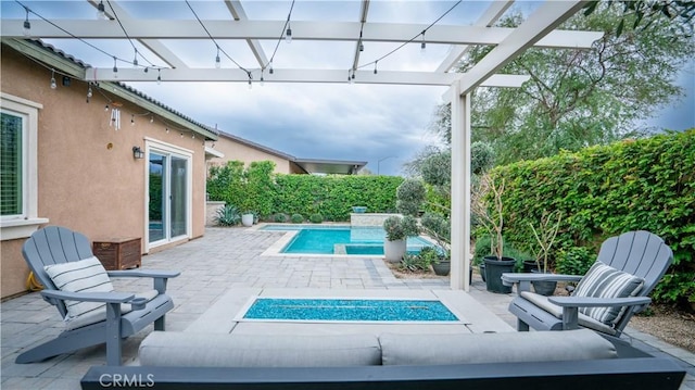 view of pool featuring a pergola, an outdoor hangout area, and a patio