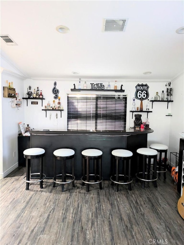 bar featuring crown molding and dark hardwood / wood-style floors