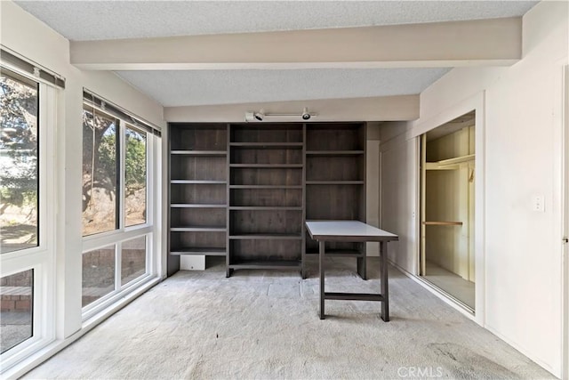 unfurnished office featuring light carpet, a textured ceiling, and beam ceiling