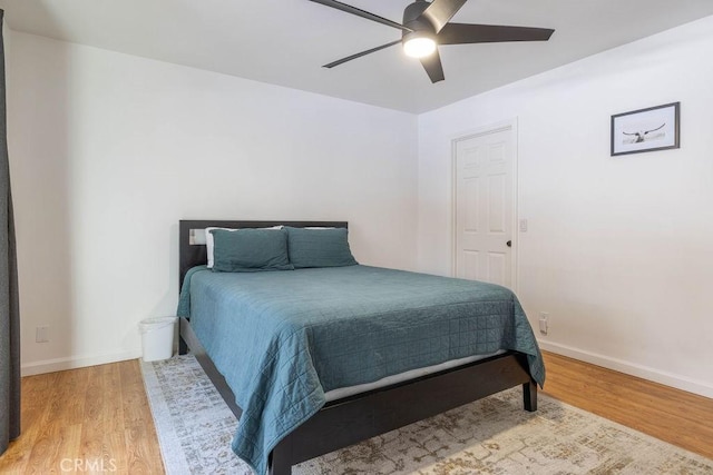 bedroom featuring light hardwood / wood-style flooring and ceiling fan