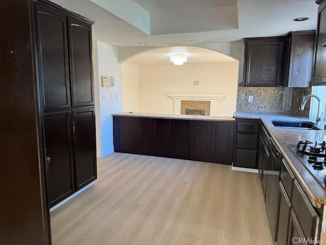 kitchen with sink, decorative backsplash, dark brown cabinets, and light wood-type flooring