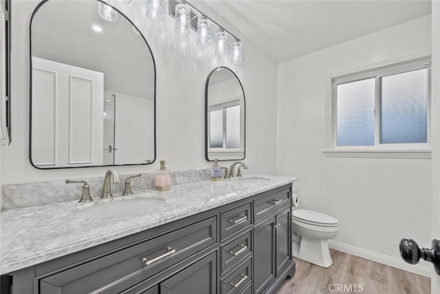 bathroom with vanity, toilet, and hardwood / wood-style floors