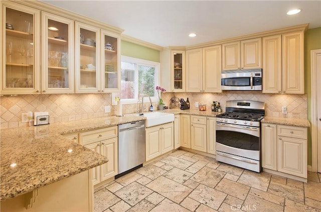 kitchen with appliances with stainless steel finishes, sink, and light stone counters