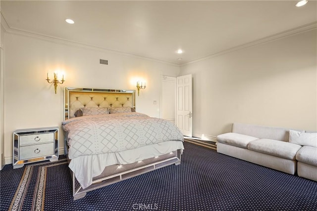 bedroom with recessed lighting, baseboards, ornamental molding, and carpet