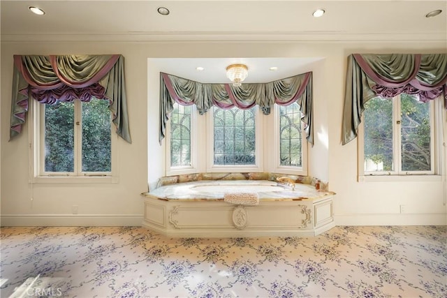 full bathroom featuring baseboards, a garden tub, and recessed lighting