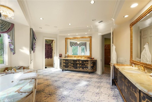 full bath with recessed lighting, crown molding, vanity, and plenty of natural light