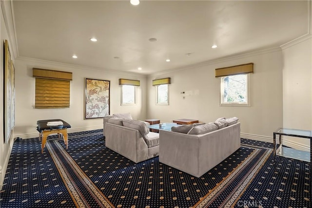 carpeted living area with baseboards, ornamental molding, and recessed lighting