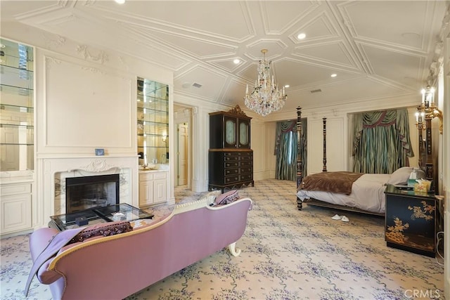 bedroom featuring an ornate ceiling, an inviting chandelier, recessed lighting, a premium fireplace, and carpet floors