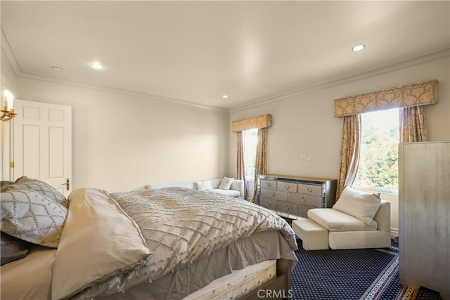 carpeted bedroom with recessed lighting, ornamental molding, and multiple windows