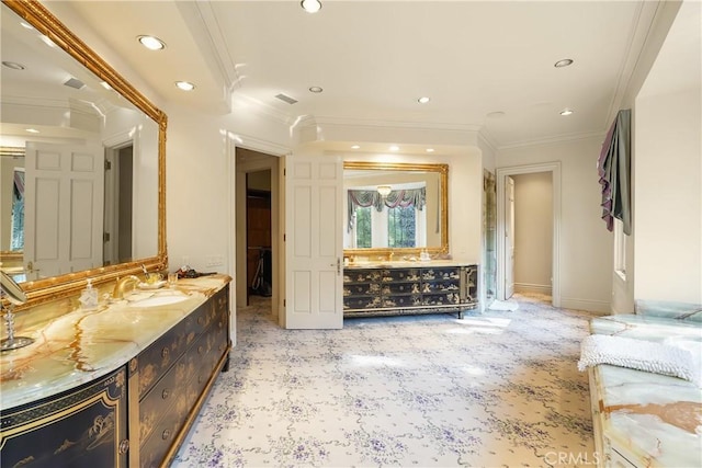 full bath with vanity, recessed lighting, and ornamental molding