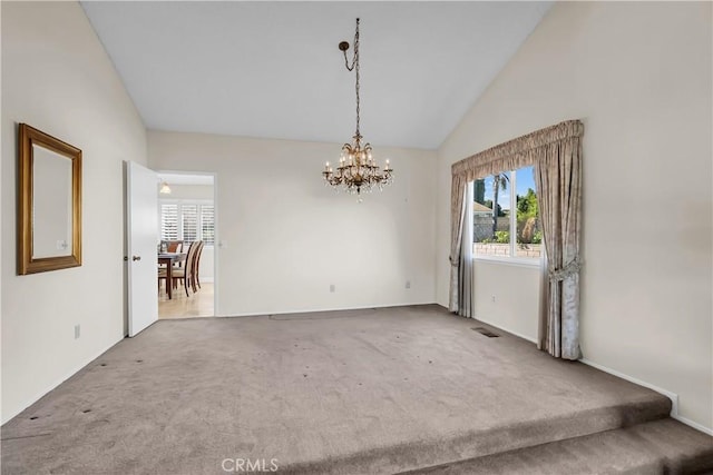 unfurnished dining area with carpet flooring, high vaulted ceiling, and a notable chandelier