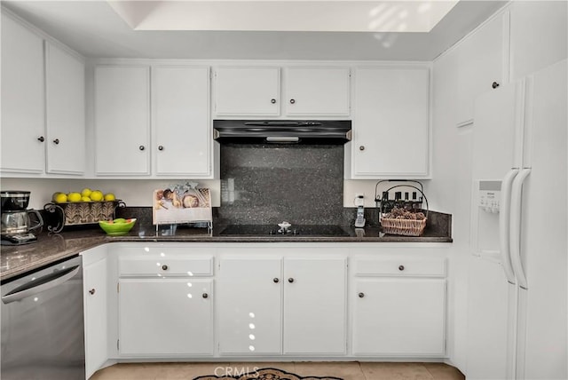 kitchen featuring extractor fan, white fridge with ice dispenser, stainless steel dishwasher, and white cabinets