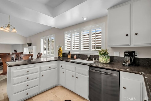 kitchen featuring decorative light fixtures, white cabinetry, dishwasher, sink, and kitchen peninsula