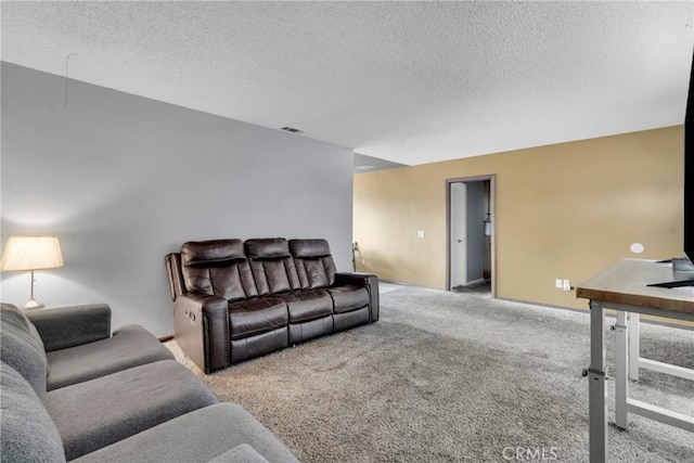 carpeted living room with a textured ceiling