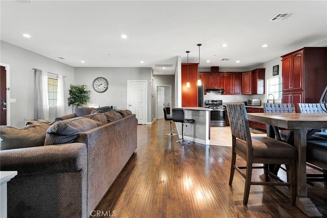 living room featuring dark hardwood / wood-style flooring, sink, and a wealth of natural light