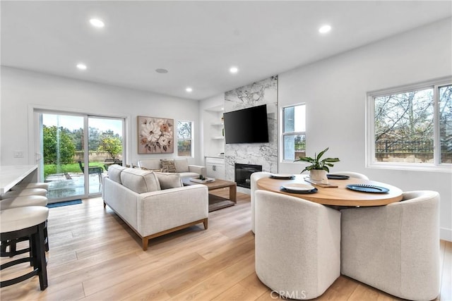 living room with light hardwood / wood-style floors and a premium fireplace