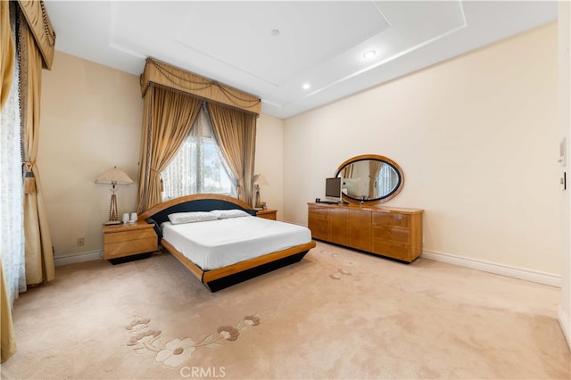 bedroom with a raised ceiling and carpet floors