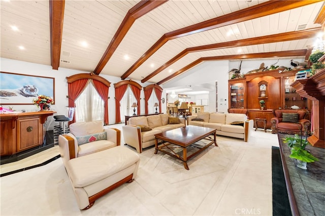 living room featuring vaulted ceiling with beams and wooden ceiling