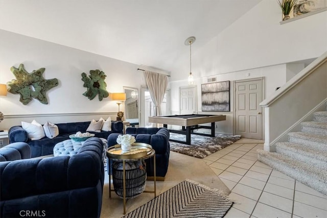 living room featuring billiards, high vaulted ceiling, and light tile patterned floors