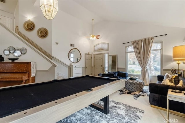 playroom featuring ceiling fan, billiards, carpet flooring, and high vaulted ceiling