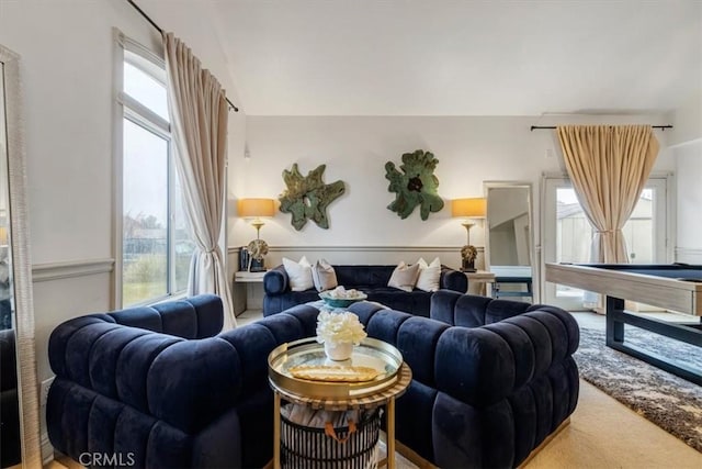 living room featuring billiards and carpet flooring