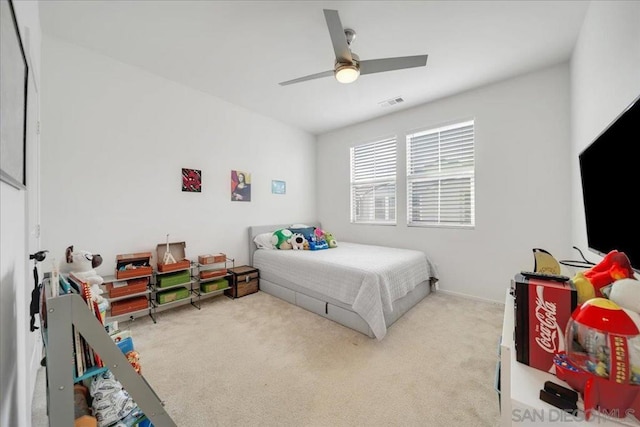 bedroom with carpet flooring and ceiling fan