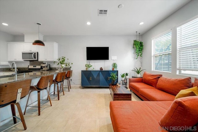 living room featuring sink