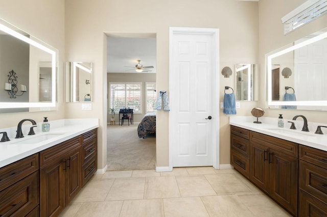 bathroom with vanity, tile patterned floors, and ceiling fan