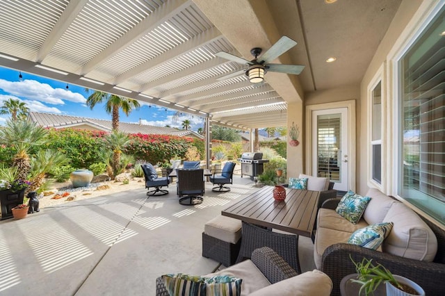 view of patio / terrace with ceiling fan, an outdoor hangout area, a pergola, and area for grilling