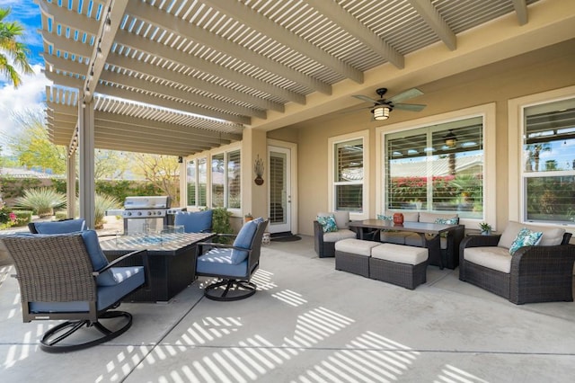 view of patio / terrace with a grill, a pergola, an outdoor living space, and ceiling fan