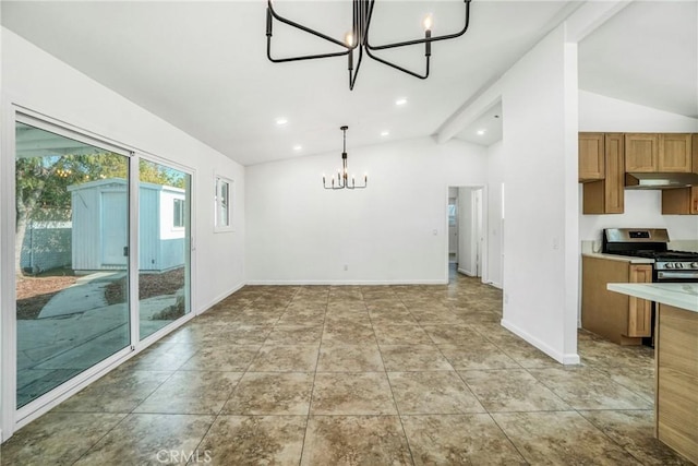 tiled dining area featuring lofted ceiling with beams and a notable chandelier