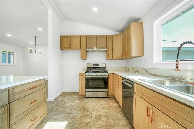 kitchen featuring sink, decorative light fixtures, stainless steel range with gas stovetop, black dishwasher, and range hood