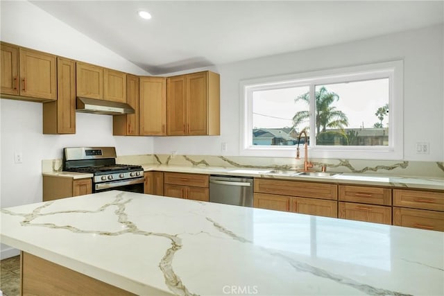 kitchen with stainless steel appliances, vaulted ceiling, light stone countertops, and sink