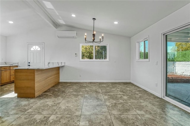 interior space with an AC wall unit, vaulted ceiling with beams, light tile patterned floors, and a chandelier