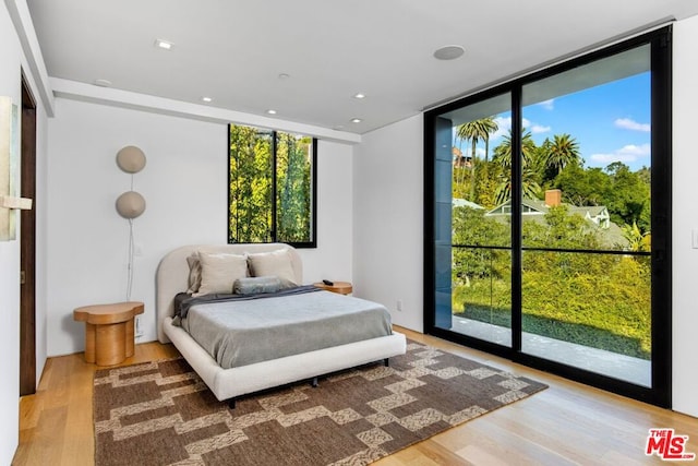 bedroom featuring expansive windows and wood-type flooring