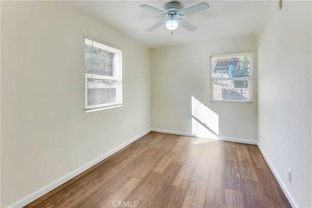 empty room with ceiling fan and light hardwood / wood-style flooring