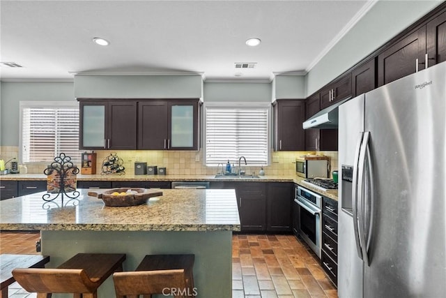 kitchen with sink, a breakfast bar, appliances with stainless steel finishes, dark brown cabinetry, and a kitchen island