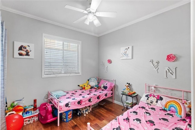 bedroom with hardwood / wood-style flooring, ceiling fan, and ornamental molding