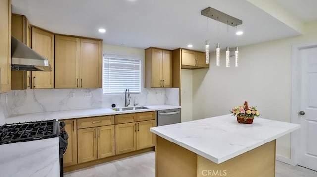 kitchen with a kitchen island, decorative light fixtures, dishwasher, sink, and backsplash