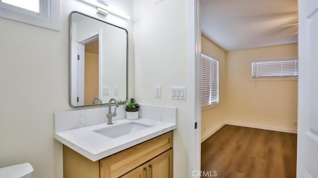 bathroom with vanity, hardwood / wood-style floors, and toilet