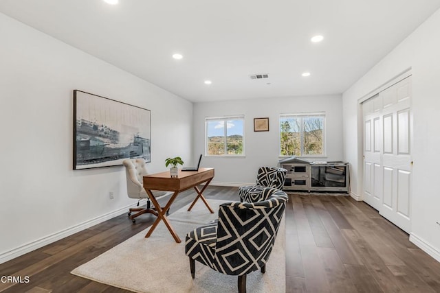 office space featuring dark hardwood / wood-style floors