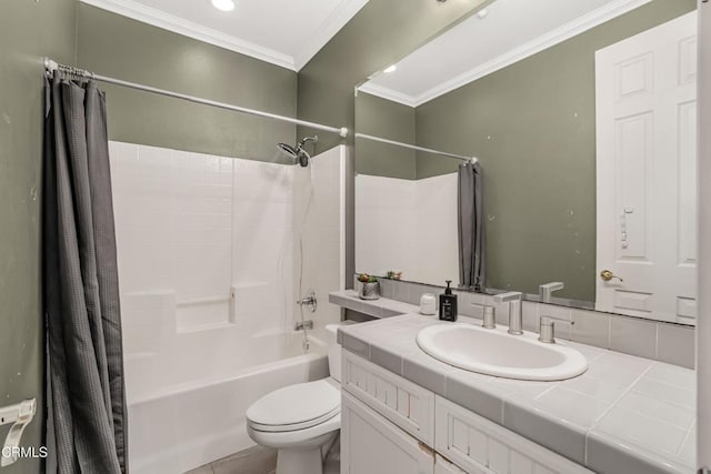 full bathroom featuring vanity, ornamental molding, toilet, and shower / bath combo with shower curtain