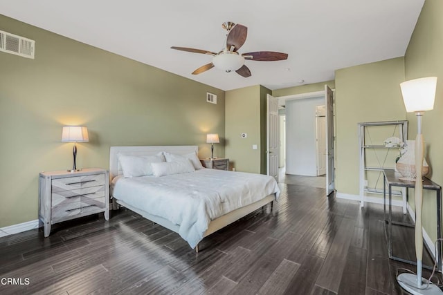 bedroom featuring dark wood-type flooring and ceiling fan