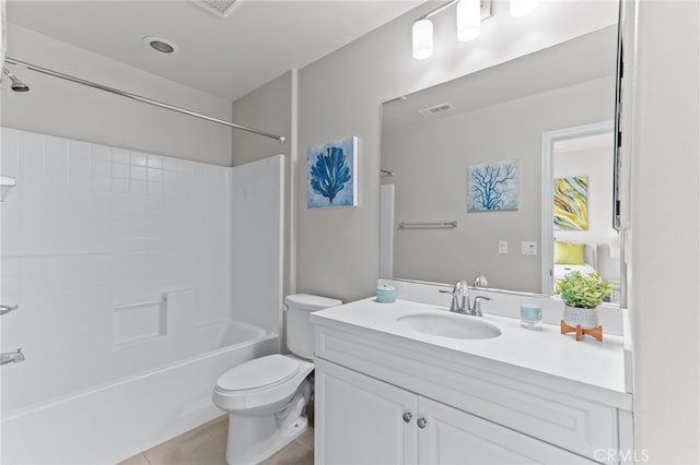 full bathroom with shower / washtub combination, toilet, tile patterned flooring, and vanity