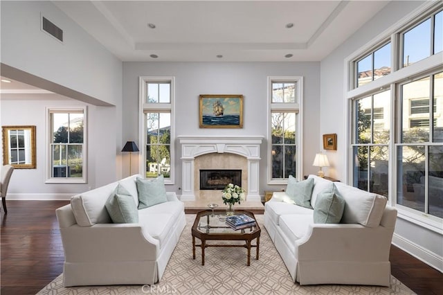 living room featuring a tray ceiling, a wealth of natural light, and wood-type flooring