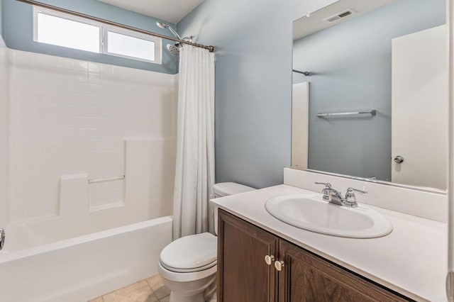 full bath with shower / tub combo, visible vents, toilet, tile patterned flooring, and vanity